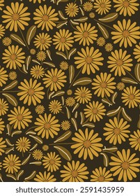 Yellow flowers, sunflower and leaves pattern on green background, illustrations, vector aesthetic for wallpaper, wall decor, templates covers, art prints