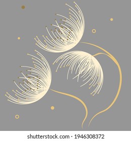 Flores amarillas de líneas finas sobre un fondo gris. Para la decoración de fondos, postales, papeles pintados y embalajes en un estilo romántico y elegante