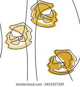 Yellow flowers. Vector outline seamless pattern. Abstract floral illustration. Hand drawn botanical backdrop. Line continuous wallpaper, cartoon background, fabric, textile, print, white background