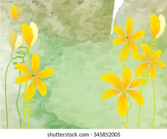 Yellow flowers watercolor brush hand drawn on green 