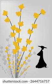 Yellow flowers and a woman walking to the edge of the image are featured.