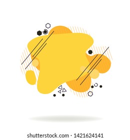Yellow flowing liquid abstract elements with lines and hatching. Dynamic graphic element. Trendy color fluid design. Template for minimal banner, presentation, logo. Vector illustration.