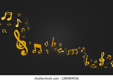 Yellow flowing music notes on black background vector