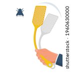 Yellow fluff in man hands. Kill flies. Carton icon. Vector illustration flat design. Isolated on white background. Homemade manual equipment to get rid of insects.