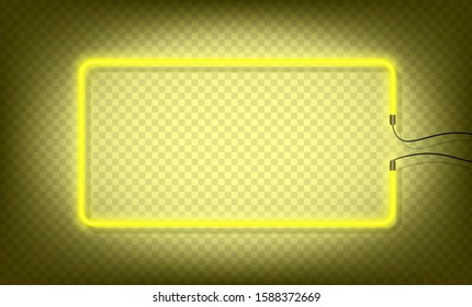 Yellow fluorescent. 
Retro neon rectangle on wall  frame on transparent background. Vector