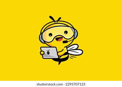 The yellow flying bee holding a laptop logo design customer service