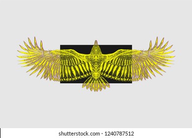 Yellow flying bird on the black geometric pattern. Print for t shirt.