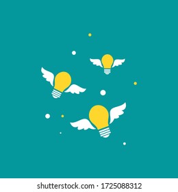 Yellow flying bulbs with wings . flat icon isolated on blue background. Imagination, fantasy icon.  Know how sign. New business idea. Vector illustration. Invention logo.