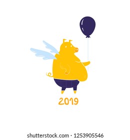Yellow flying pig silhouette with a balloon. Funny conceptual animal chinese symbol 2019 year.