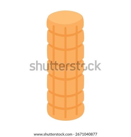 Yellow foam roller with textured grid pattern in flat vector cartoon style, isolated on white background.