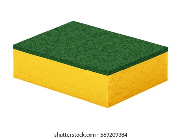 Yellow foam rubber sponge to wash dishes with a hard green cleaning coating on a white background