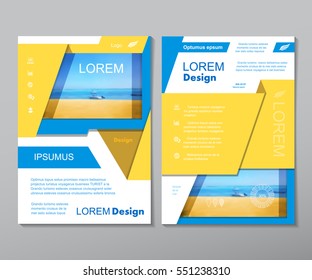 Yellow fold set annual report brochure flyer design template vector, travel cover abstract geometric background with sea and beach , layout in A4 size