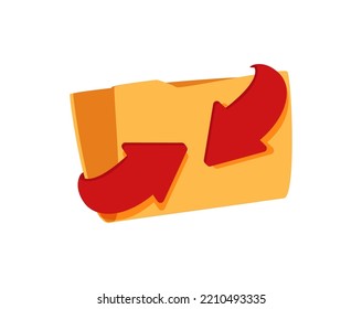 Yellow folder and arrow. File transfer concept. File sharing or sending document, documents management, data storage, Copy files, Move a file, data exchange icon illustration