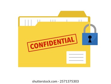 Yellow folder with confidential documents. Top secret data with red stamp. Data protection. Huge padlock on folder vector illustration.