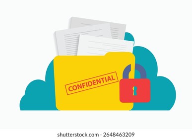 Yellow folder with confidential documents. Top secret data with red stamp. Data protection. Huge padlock on folder vector illustration