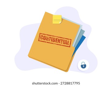 Carpeta amarilla con documentos confidenciales. Datos de alto secreto con sello rojo. ilustración de stock
