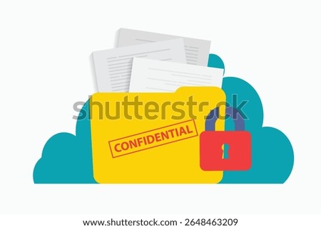 Yellow folder with confidential documents. Top secret data with red stamp. Data protection. Huge padlock on folder vector illustration