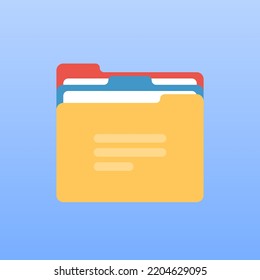 Yellow folder with documents vector flat icon on a blue background.