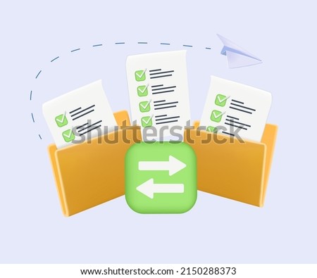 Yellow folder with files. File transfer concept. Yellow folder with document on computer monitor. 3D Vector Illustrations. Copy files, data exchange, backup, migration, file sharing. 3D free to edit