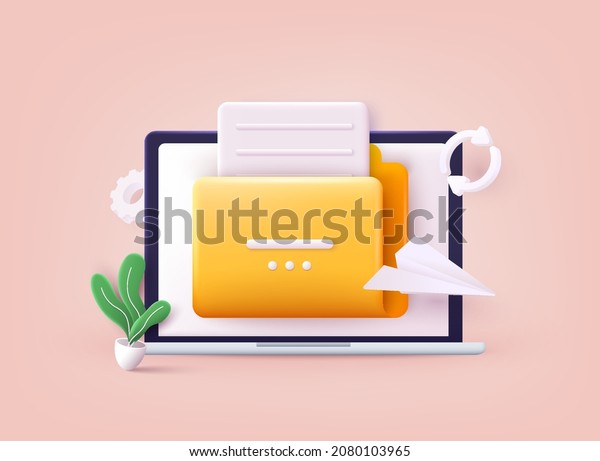 Yellow folder with files. File transfer\
concept. Yellow folder with document on computer monitor. 3D Vector\
Illustrations.
