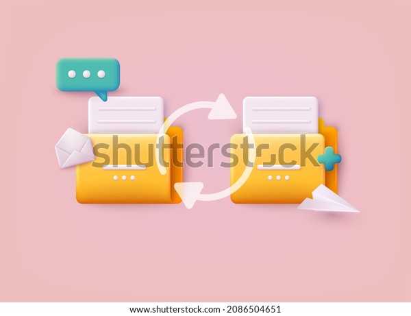 Yellow folder with files. File transfer\
concept. Yellow folder with document on computer monitor. 3D Vector\
Illustrations.