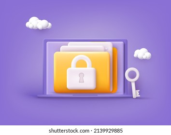 Yellow folder with files. Personal data security concept. Secure information transfer background. 3D Vector Illustrations.