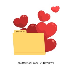 Yellow folder with "For you" message and many bright red hearts inside isolated on white background. Concept of giving love, collecting hearts, files. Happy Valentine's day. Flat vector illustration.
