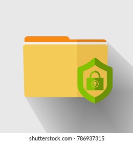 Yellow folder with green locked lock icon. File data center security.  Vector illustration