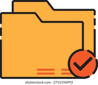 Icono de carpeta amarillo con contorno negro e insignia de marca de verificación naranja. Ideal para la gestión de archivos, sistemas de Aprobación y recursos de interfaz de usuario con temas de productividad.