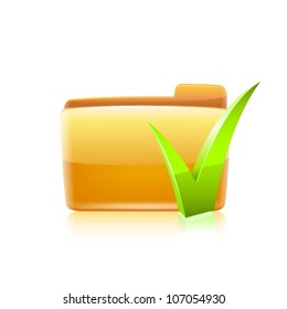 Yellow folder icon with green check mark isolated on white