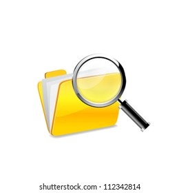 Yellow folder icon and magnifying glass. Vector