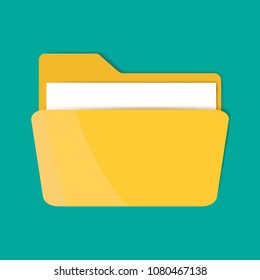 Yellow folder icon with a sheet of paper. Vector folder icon