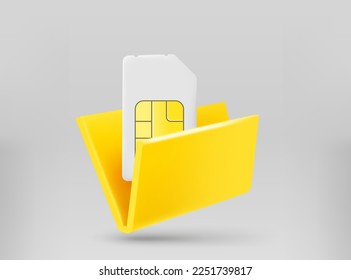 Yellow folder with mobile phone sim card. 3d vector illustration