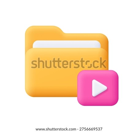 Yellow folder with pink play button icon. Digital media, video files, media folder and multimedia storage concept. 3d vector icon. Cartoon minimal style.