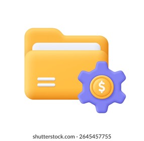 Carpeta amarilla con un engranaje púrpura y un símbolo de moneda de dólar. Configuraciones financieras o configuración. Gestión financiera, concepto de Cartera de inversiones. Icono de Vector 3D. Estilo minimalista de dibujos animados.