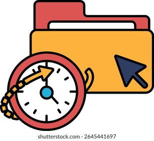 A yellow folder with a red arrow pointing to the right and a blue and white clock on the left