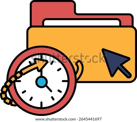 A yellow folder with a red arrow pointing to the right and a blue and white clock on the left