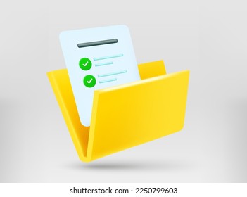 Yellow folder with report. 3d vector illustration