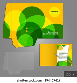 Yellow folder template design for company with green circles. Element of stationery.