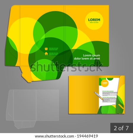 Yellow folder template design for company with green circles. Element of stationery.