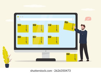 Yellow folder with zipper. Male user add new zip archive on computer monitor. Data storage, flies manager. Database pictograms, icons of zip folder. Information protection. Flat vector illustration