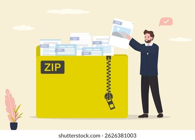 Carpeta amarilla con cremallera. El usuario masculino agrega un nuevo archivo o documento en el Archivar zip. Almacenamiento de datos, gestor de archivos. Base de datos con varios tipos de archivos. Protección de la información. Ilustración vectorial plana