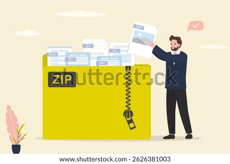 Yellow folder with zipper. Male user add new file or document in zip archive. Data storage, files manager. Database with various types of files. Information protection. flat vector illustration