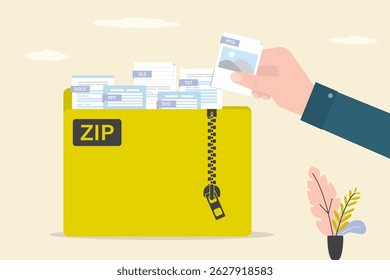 Pasta amarela com zíper. O usuário adiciona um novo arquivo ou documento no arquivo zip. Armazenamento de dados, gerenciador de arquivos. Banco de dados com vários tipos de arquivos. Proteção de informações. ilustração vetorial plana