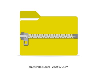 Yellow folder with zipper. Zip archive. Data storage. Database pictogram isolated on white background. Icon of zip folder. Information ptotection, security. Flat vector illustration