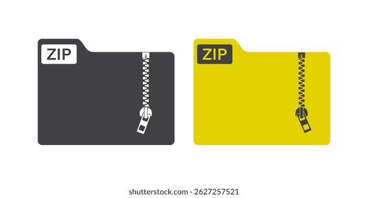 Yellow folder with zipper. Zip archive. Black silhouette of protective data storage. Database pictogram isolated on white background. Icon of zip folder. Flat vector illustration