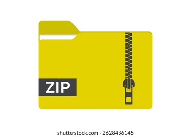 Yellow folder with zipper. Zip archive. Data storage. Database pictogram isolated on white background. Icon of zip folder. Information ptotection, security. Flat vector illustration
