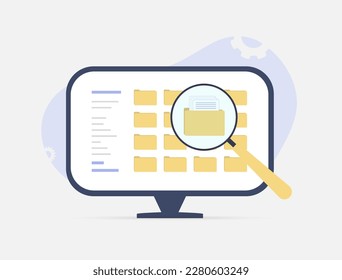 Yellow folders, documents and media content on monitor display. File management, data storage illustration. Optimize file organization, increase productivity, improve workflow efficiency concept