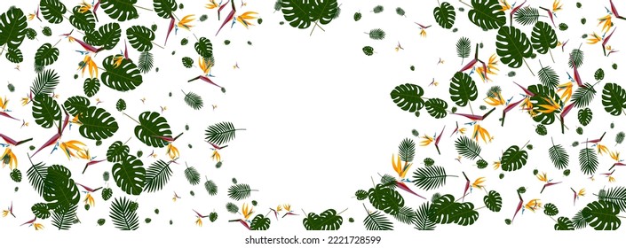 Yellow Foliage Background White Vector. Flower Tropical Backdrop. Orange Palm. Artwork Illustration. Pink Paradise Design.