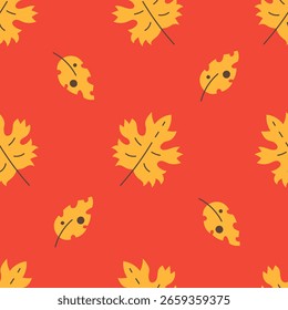 Padrão Sem Costura De Folhagem Amarela. Laranja Queda Folhas no fundo vermelho. Ornamento decorativo de outono. Repetir ilusão de vetor em estilo plano desenhado à mão